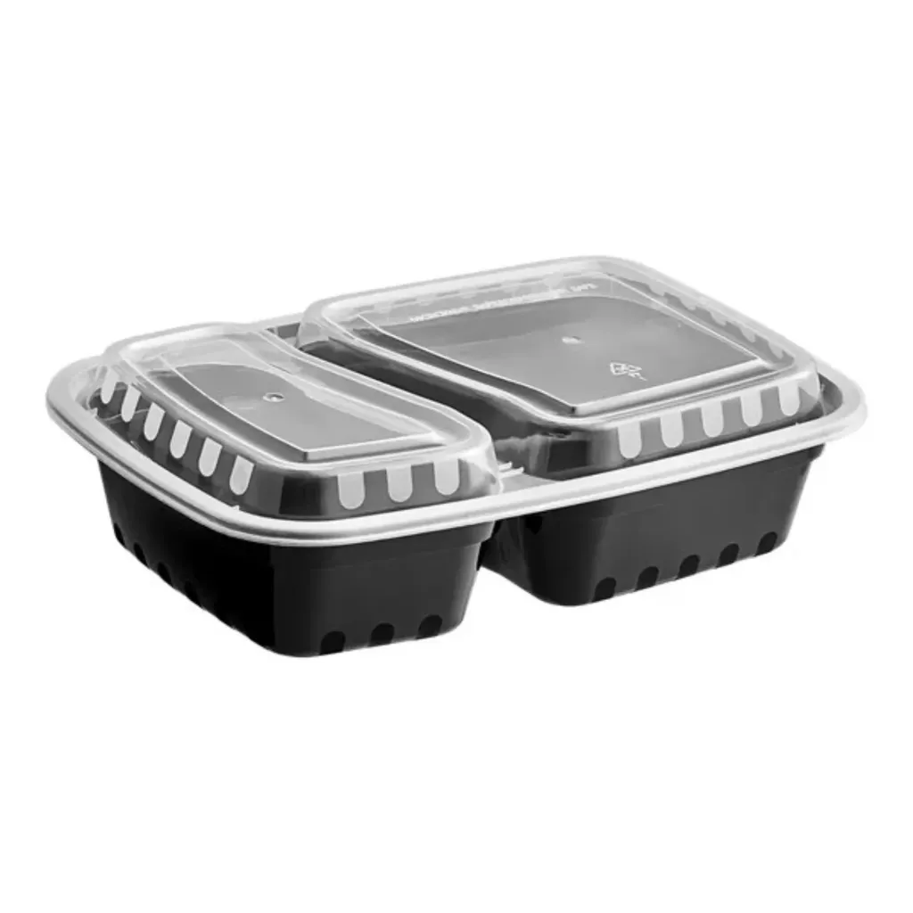 [A328288] Container Black 30 Oz 2 Comp Rectangular 150 Unit Microwavable